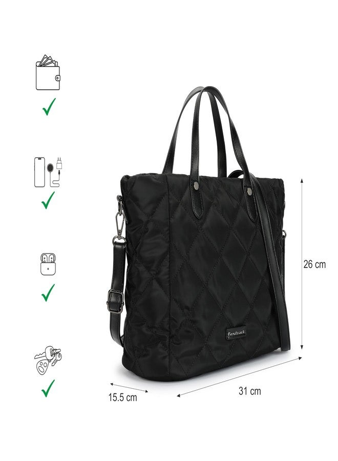 Fastrack Colorblock Quilted Tote Bag for Women | Nylon & Faux Leather Handbag with 3 Compartments, Zipper Pockets & Detachable Strap | Stylish Everyday Tote for Work, College & Casual Outings - Image 4